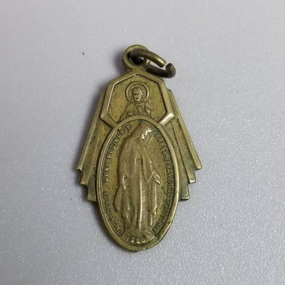 Vintage Mary Pray For Us Oval Bronze Tone Pendant Charm Medallion, Estate - Picture 6 of 8